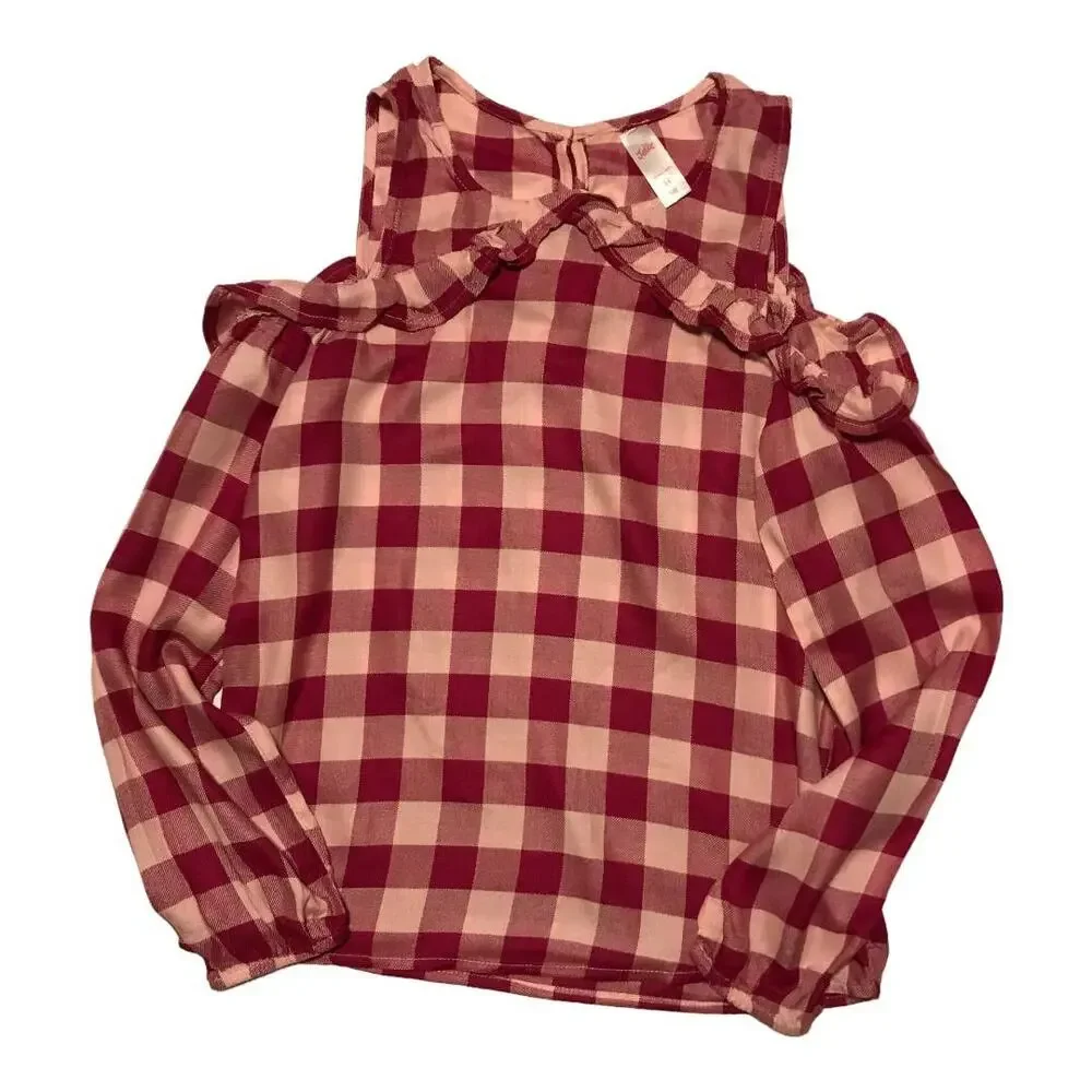 Western Gingham Plaid Cold Shoulder Long Sleeve Blouse Pink Girls Size 14